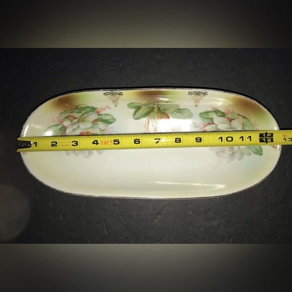 Vintage German Oblong Porcelain Hand Painted White/Pink Flowers Gold Border - Picture 7 of 7